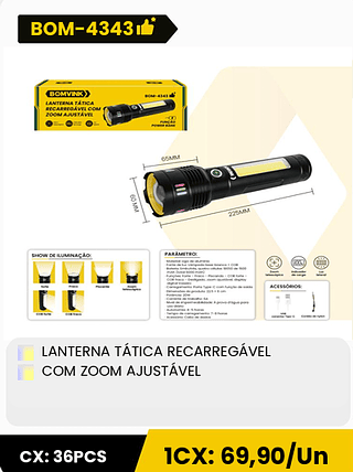 LANTERNA TÁTICA RECARREGÁVEL COM ZOOM AJUSTÁVEL CX: 36PCS ICX: 69,90/Un