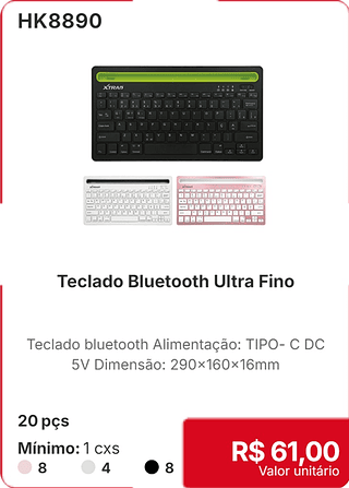 Teclado Bluetooth Ultra Fino 20 pçs R$ 61.00