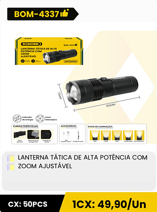 LANTERNA TÁTICA DE ALTA POTÊNCIA COM ZOOM AJUSTÁVEL CX: 50PCS 1CX: 49,90/Un