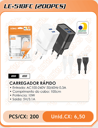 CARREGADOR RÁPIDO 200PÇ=6,5$