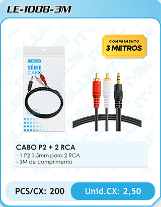 CABO P2 + 2 RCA - 1 P2 3,5mm para 2 RCA - 3M de comprimento PCS/CX: 200 Unid.CX: 2,50