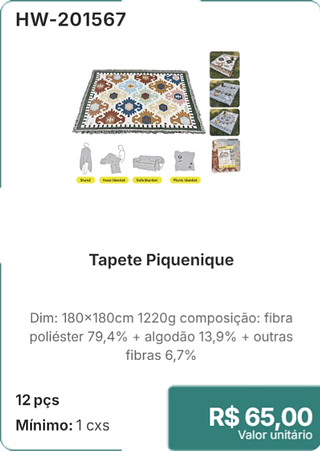 Tapete Piquenique 12 pcs R$ 65.00