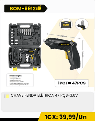 CHAVE FENDA ELÉTRICA 47 PÇS-3.6V CX: 20PCS 1CX: 39,99/Un