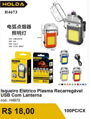 Isqueiro Elétrico Plasma Recarregável USB Com Lanterna R$ 16.20 100PC/CX
