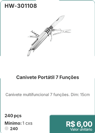Canivete Portátil 7 Funções 240 pçs R$ 6,00