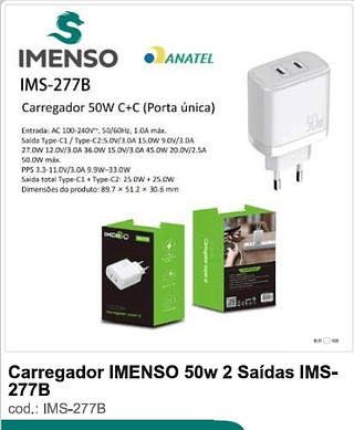 Carregador IMENSO 50w 2 Saídas 100PC/CX R$27
