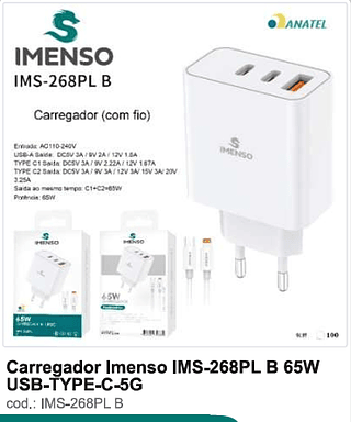 Carregador Imenso 65W USB-TYPE-C-5G 100PC/CX R$37,8