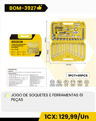 JOGO DE SOQUETES E FERRAMENTAS 61 PEÇAS CX: 4PCS 1CX: 129,99/Un