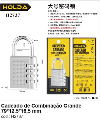Cadeado de Combinação Grande 79*12,5*16,5 mm R$ 16,2 PC/CX:240