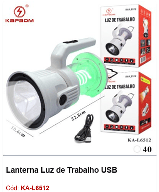 Lanterna Luz de Trabalho USB R$ 50,4 PCS/Cx: 40