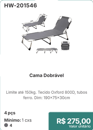 Cama Dobrável 4 pcs R$ 275,00