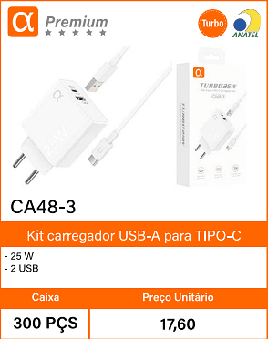 Kit carregador USB-A paraTIPO-C Caixa 300 PCS Preco Unitario 17,60
