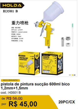 pistola de pintura sucção 600ml bico 1,2mm+1,5mm R$ 45,00-10%=40.50/ 20PC/CX