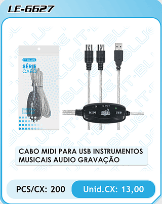 CABO MIDI PARA USB INSTRUMENTOS MUSICAIS AUDIO GRAVAÇÃO PCS/CX: 200 Unid.CX: 13,00