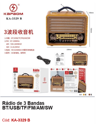 Rádio de 3 Bandas BT/USB/TF/FM/AM/SW R$130,5 PCS/CX:16