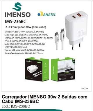 Carregador IMENSO 30w 2 Saídas com Cabo 100PC/CX R$19,8