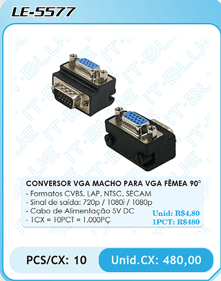 CONVERSOR VGA MACHO PARA VGA FÊMEA 90° PCS/CX: 10 Unid.CX: 480,00
