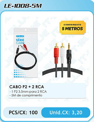 CABO P2 + 2 RCA - 1 P2 3,5mm para 2 RCA - 5M de comprimento PCS/CX: 100 Unid.CX: 3,20