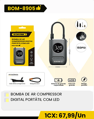 BOMBA DE AR COMPRESSOR DIGITAL PORTATIL COM LED CX: 24PCS 1CX: 67,99/Un