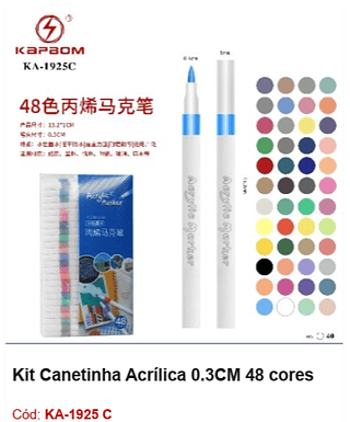 Kit Canetinha Acrílica 0.3CM 48 cores R$ 14,4 PCS/Cx: 40