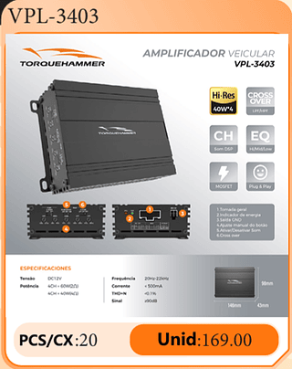 AMPLIFICADOR VEICULAR PCS/CX:20 Unid:169.00