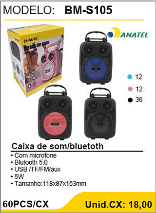 Caixa de som/bluetoth 60PCS/CX Unid.CX: 18,00