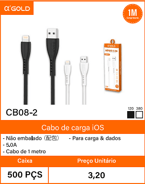 Cabo de carga iOS - Caixa 500 PCS - Para carga & dados Preco Unitario 3,20