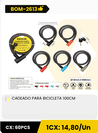 CADEADO PARA BICICLETA 100CM CX: 60PCS 1CX: 14,80/Un
