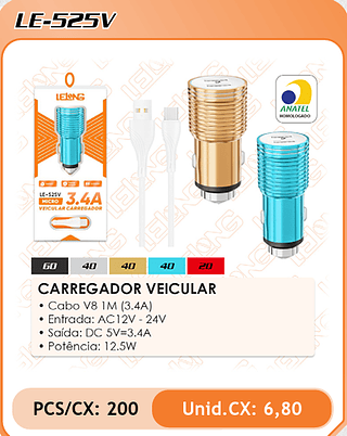 CARREGADOR VEICULAR V8 200PÇ=6,8$