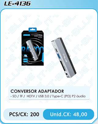 CONVERSOR ADAPTADOR - SD / TF / HDTV / USB 3.0/Type-C (PD) P2 áudio PCS/CX: 200 Unid.CX: 48,00