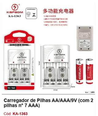 Carregador de Pilhas AA/AAA/9V (com 2 pilhas n° 7 AAA) R$ 18 PCS/CX: 100