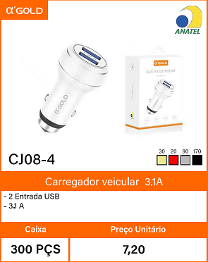 Carregador veicular 3.1A - Caixa 300 PCS Preco Unitario 7,20