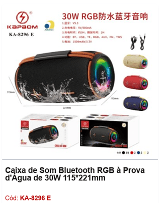 Caixa de Som Bluetooth RGB à Prova d'Água de 30W R$71,1 PCS/Cx:24