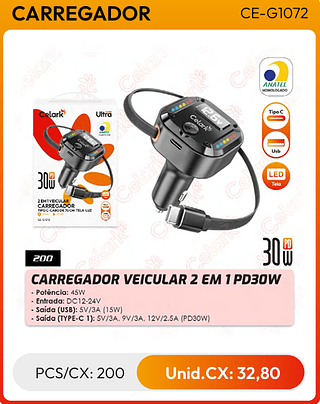 CARREGADOR VEICULAR 2 EM 1 PD30W PCS/CX: 200 Unid.CX: 32,80