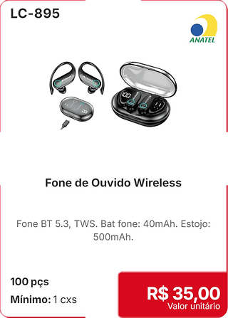Fone de Ouvido Wireless 100 pçs R$ 35,00