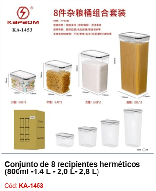 Conjunto de 8 recipientes herméticos (800ml -1.4 L - 2,0 L- 2,8 L) R$ 61,2 PCS/Cx: 9