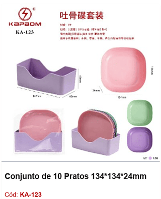 Conjunto de 10 Pratos 134*134*24mm R$ 9 PCS/CX: 120