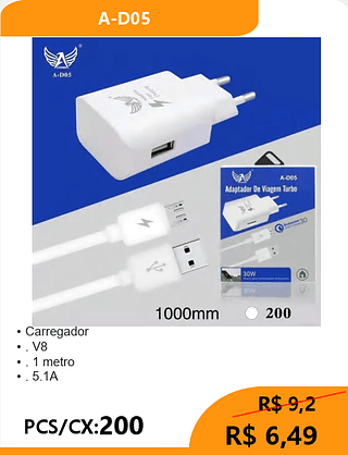 Carregador V8 PCS/CX:200 R$ 6,49