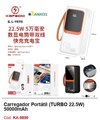Carregador Portátil (TURBO 22.5W) 50000mAh R$106,2 PCS/CX:10