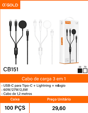 Cabo de carga 3 em 1 - Caixa Preco Unitario 100 PCS 29,60