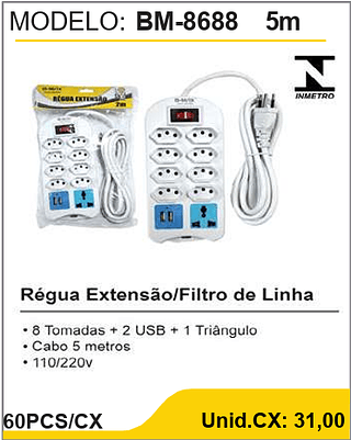 Régua Extensão/Filtro de Linha 60PCS/CX Unid.CX: 31,00