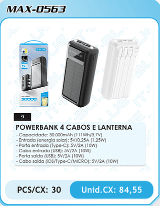 POWERBANK 4 CABOS E LANTERNA PCS/CX: 30 Unid.CX: 84,55
