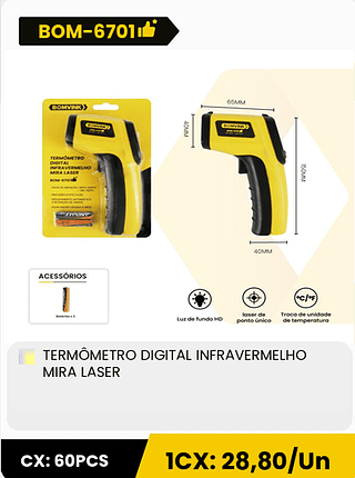 TERMÔMETRO DIGITAL INFRAVERMELHO MIRA LASER CX: 60PCS 1CX: 28,80/Un