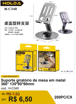 Suporte giratório de mesa em metal 360° 135*90*90mm por R$ 6,50-10%=5.85/200PC/CX