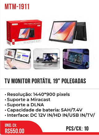 Tv Monitor Portátil 19" polegadas 10pç=550$