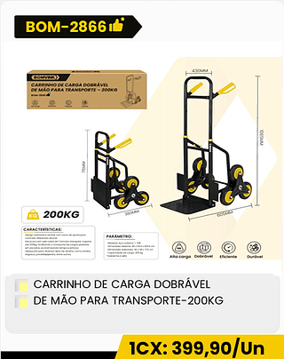 CARRINHO DE CARGA DOBRÁVEL DE MÃO PARA TRANSPORTE-200KG CX: IPCS 1CX: 399,90/Un