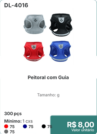 Peitoral com Guia 300 pçs R$ 8,00