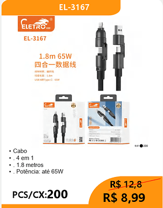 CABO 4 EM 1 PCS/CX:200 R$8,99