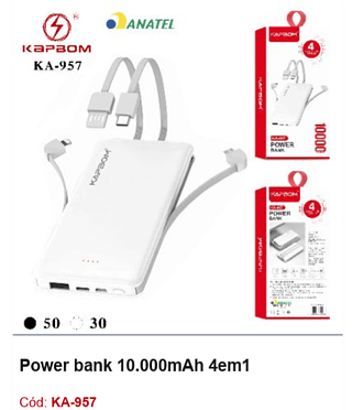 Power bank 10.000mAh 4em1 R$36,9 PCS/Cx: 80