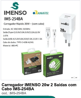 Carregador IMENSO 20w 2 Saídas com Cabo 200PC/CX R$14,4